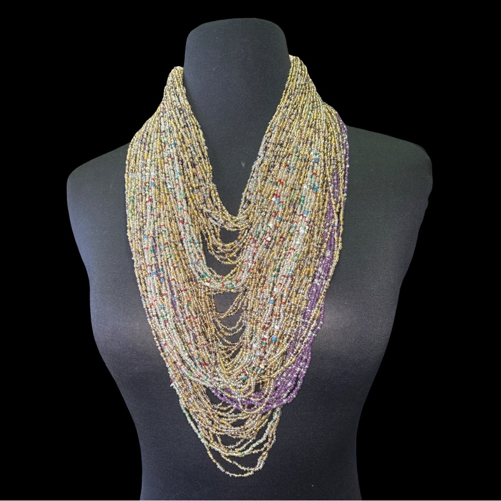 Boho Multistrand Seed Bead Statement Necklace – Layered Bib Style – New